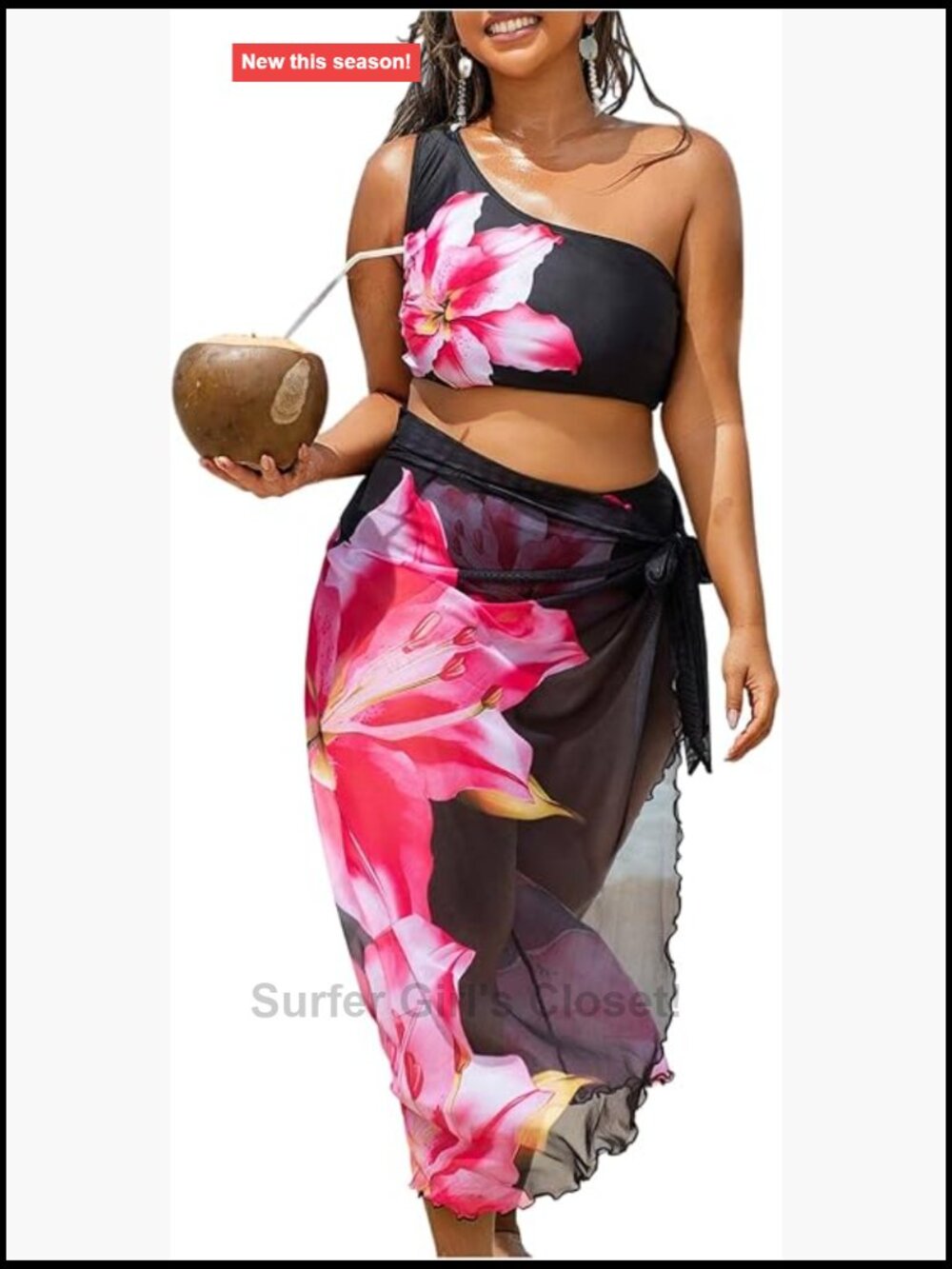 Plus Size High Waisted Bikini Set with Wrap Skirt, One Shoulder Swimwear 3 Piece
